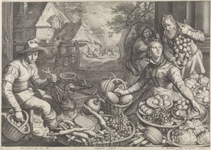 Scena di mercato e il riposo durante la fuga in Egitto da Jacob Matham