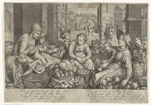 Scena di mercato con sullo sfondo la parabola dei lavoratori nella vigna, ca. 1600 da Jacob Matham