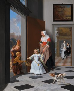 Una bambinaia e un bambino in un elegante atrio