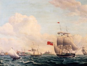 Navi che attraversano lo stretto di Oresund tra Svezia e Danimarca con il castello di Kronborg sullo sfondo