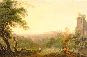 Veduta di Roma con contadini e rovine