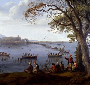 Ferdinando IV caccia folaghe sul Lago Fusaro (dettaglio) da Jacob Philippe Hackert