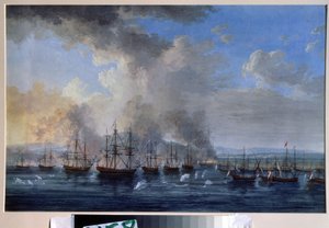 Guerra russo-ottomana: La battaglia navale del castello di Damietta nel 1770 da Jacob Philippe Hackert
