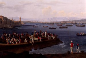 Il Golfo di Napoli vicino a Santa Lucia che mostra le flotte navali di ritorno da Algeri da Jacob Philippe Hackert