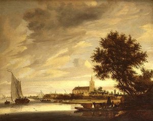 Paesaggio fluviale con un traghetto in primo piano da Jacob Salomonsz. (circle of) Ruysdael