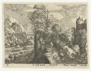 Paesaggio con viaggiatori su una ripida roccia