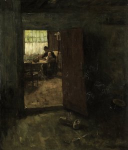 Interno domestico con contadina e bambino
