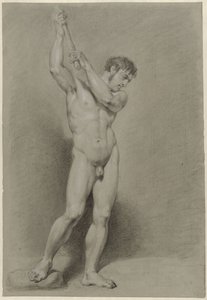 Nudo maschile in piedi con un bastone sopra la testa