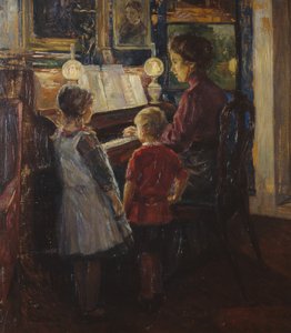 Donna e bambini al pianoforte