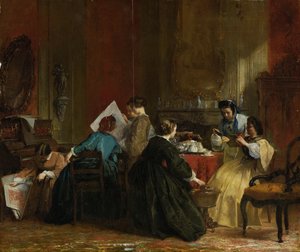 Gruppo di donne che guardano fotografie stereoscopiche