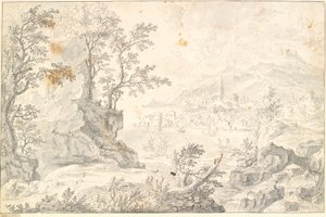 Paesaggio con una città (Amburgo?) vicino a un lago o vista sul mare da Jacob Stockmann