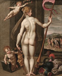 Minerva che tiene una lancia mentre viene incoronata con alloro da un putto da Jacob de (studio of) Backer