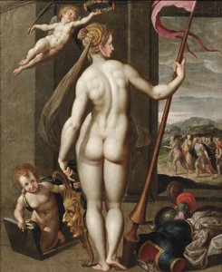 Minerva con la lancia in mano mentre viene incoronata di alloro