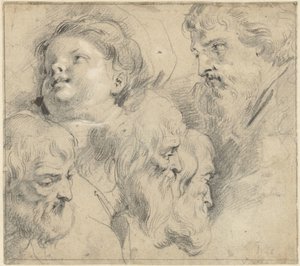 Foglio di studio con cinque teste