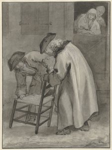 Due uomini con cappello guardano una sedia di paglia da Jacob de Wit