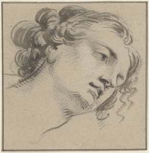 Testa di donna con capelli ricci, tre quarti verso destra e chinata in avanti da Jacob de Wit