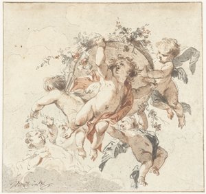 Cherubini fluttuanti con un cesto di fiori da Jacob de Wit