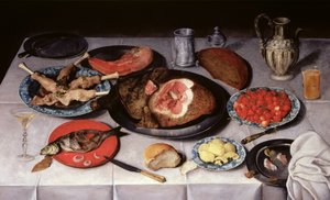 Colazione con pesce, prosciutto e ciliegie, 1614