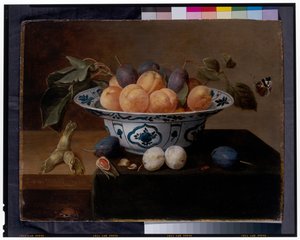 Natura morta di albicocche e prugne in un piatto Wan Li, con scarabei e una farfalla su un bordo da Jacob van Hulsdonck