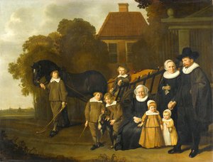 Ritratto di gruppo della famiglia Meebeeck Cruywagen al cancello della loro casa di campagna sull