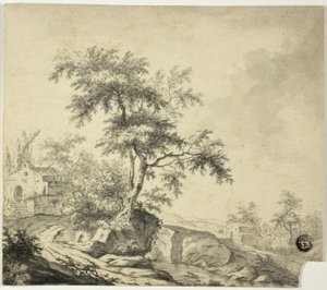 Paesaggio con albero sulla strada verso gli edifici da Jacob van Ruisdael