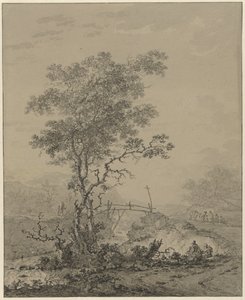 Paesaggio montuoso con un albero vicino a un fiume, un ponte e alcune figure da Jacob van Strij