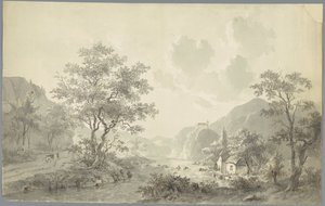 Piccola cascata presso un lago in un paesaggio montano da Jacob van Strij