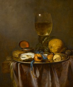 Natura morta con roemer, orologio, ostrica e frutta
