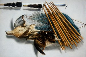 Natura morta con due quaglie e attrezzatura da caccia da Jacobus Biltius