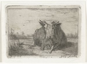Mucca sdraiata vista di fronte da Jacobus Cornelis Gaal