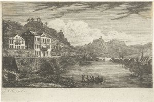 Paesaggio fluviale con hotel sul molo da Jacobus Cornelis Gaal
