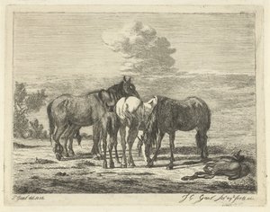 Quattro cavalli e due puledri da Jacobus Cornelis Gaal