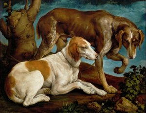 Due cani da caccia legati a un ceppo da Jacopo Bassano