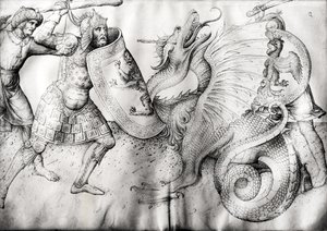 Battaglia tra guerrieri e un drago, c.1450