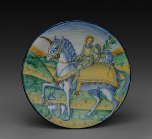 Piatto: Uomo che cavalca un unicorno da Jacopo Caffagiolo