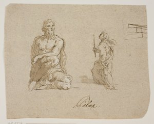 Uomo inginocchiato, ragazza con una candela che sale le scale (la Vergine che entra nel Tempio), schizzo prospettico per le scale da Jacopo Palma