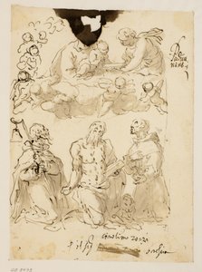 Santi Antonio, Girolamo e Bernardino in ginocchio, con la Vergine e il bambino Cristo circondati da angeli bambini da Jacopo Palma