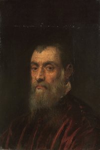 Ritratto di un uomo barbuto, busto, in una veste rossa