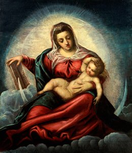 La Madonna e il Bambino in una mandorla su una luna crescente e nuvole, con il libro della sapienza
