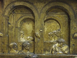 Il banchetto di Erode, dettaglio del retro con musicista e Salomè che porta la testa di San Giovanni Battista su un vassoio. Bassorilievo del fonte battesimale realizzato da Jacopo della Quercia da Jacopo della Quercia