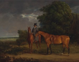 Un groom a cavallo di un cacciatore castano, tiene un cacciatore baio per le redini da Jacques-Laurent Agasse