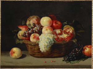 Panier de grenade, peches et raisins - Un cestino con melograno, pesche e uva ... da Jacques (attr. to) Linard