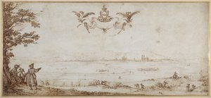Veduta di Toul attraverso la pianura, paesaggio con figure, il cielo con le armi dei Porcellets da Jacques Callot