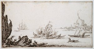 Una galea speronata a metà nave da una nave da guerra a vela in vista del porto, c.1617 da Jacques Callot