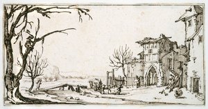 Un carro di fieno portato al cancello medievale di un villaggio, un uomo che taglia un ramo, da un album appartenente a Israel Silvestre, c.1630 da Jacques Callot