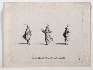 Una dama che fa musica e due cavalieri, da ... (incisione) da Jacques Callot
