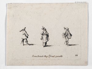 Una dama con cappello piumato e due cavalieri, da ... (incisione) da Jacques Callot