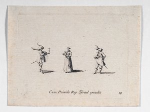 Una dama con una bottiglia di vino e due cavalieri, da ... (incisione) da Jacques Callot