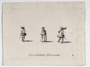 Una dama con le braccia conserte e due cavalieri, da ... (incisione) da Jacques Callot