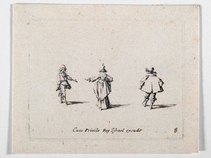 Una dama con la mano tesa, vista di spalle, e due cavalieri, da Les Fantaisies de Noble J. Callot ... (incisione) da Jacques Callot